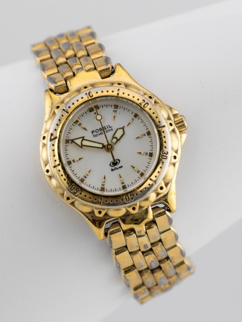 Fossil Blue AM3116 Women's Gold Vintage Diver Quartz Analog Watch Fresh Battery